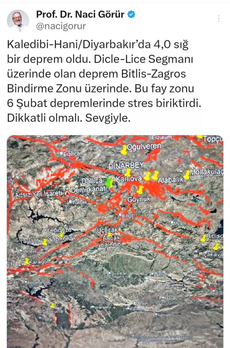 Diyarbakırda 4.0 Bal Gücündə Zəlzələ: Professor Naci Görürdən Əhəmiyyətli Xəbərdarlıq