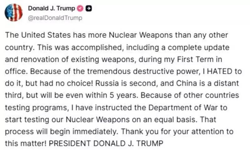 Tramp Çin lideri ilə görüş ərəfəsində ABŞ-ın Nüvə Silahı Sınaqlarını Dərhal Bərpa Etməsi Barədə Təlimat Verdi Xəbər şəkili