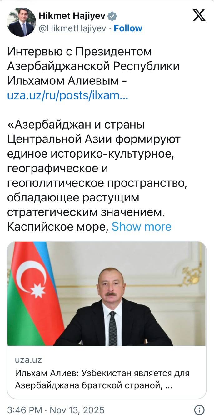 Hikmət Hacıyev Prezidentin müsahibəsindən paylaşım etdi