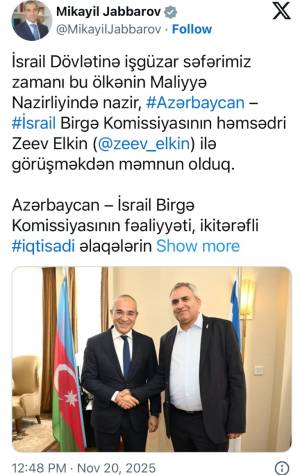 Mikayıl Cabbarov Zeev Elkin ilə görüşdü Xəbər şəkili